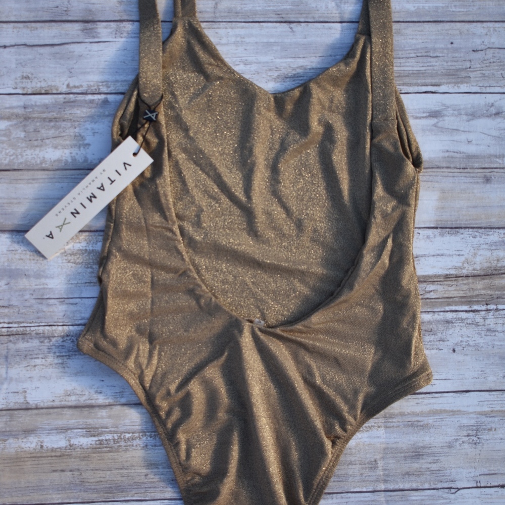 Vitamin A Swimwear Bronze Metallic LEAH High Cut One Piece Swimsuit Bodysuit - Picture 10 of 13